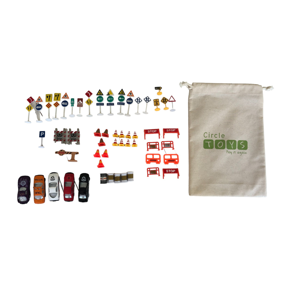 Set of 5 toy cars and work in progress signs