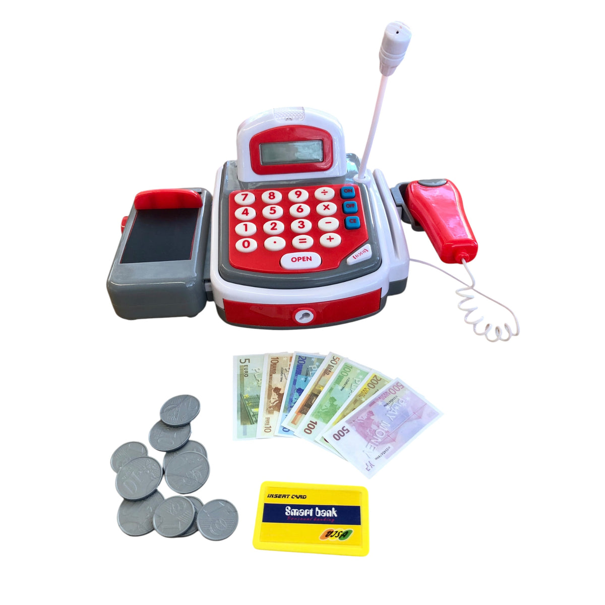 Cash register with light, sound effects and grocery accessories