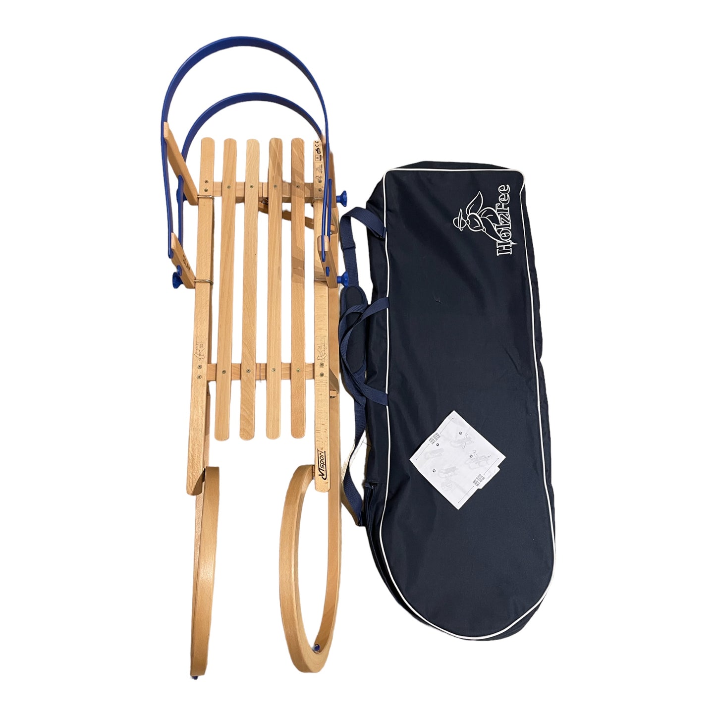 Folding sled Tourer Davos 110 with slatted seat and backrest Blue. With bag to store it in.