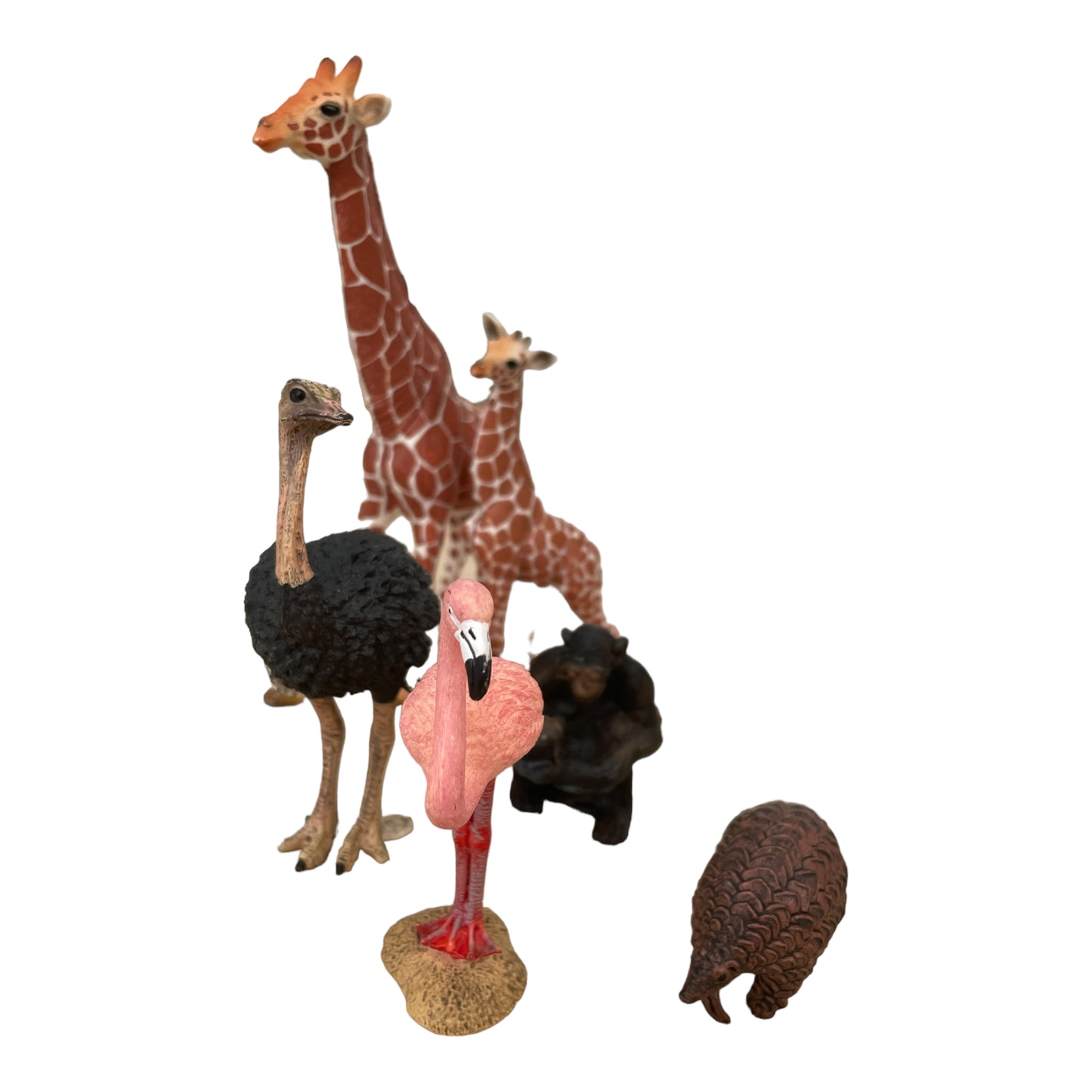 Set mit Wildtieren - Schleich - 6 Tiere (Giraffen, Schimpansen, Gürteltier, Strauß, rosa Flamingo)