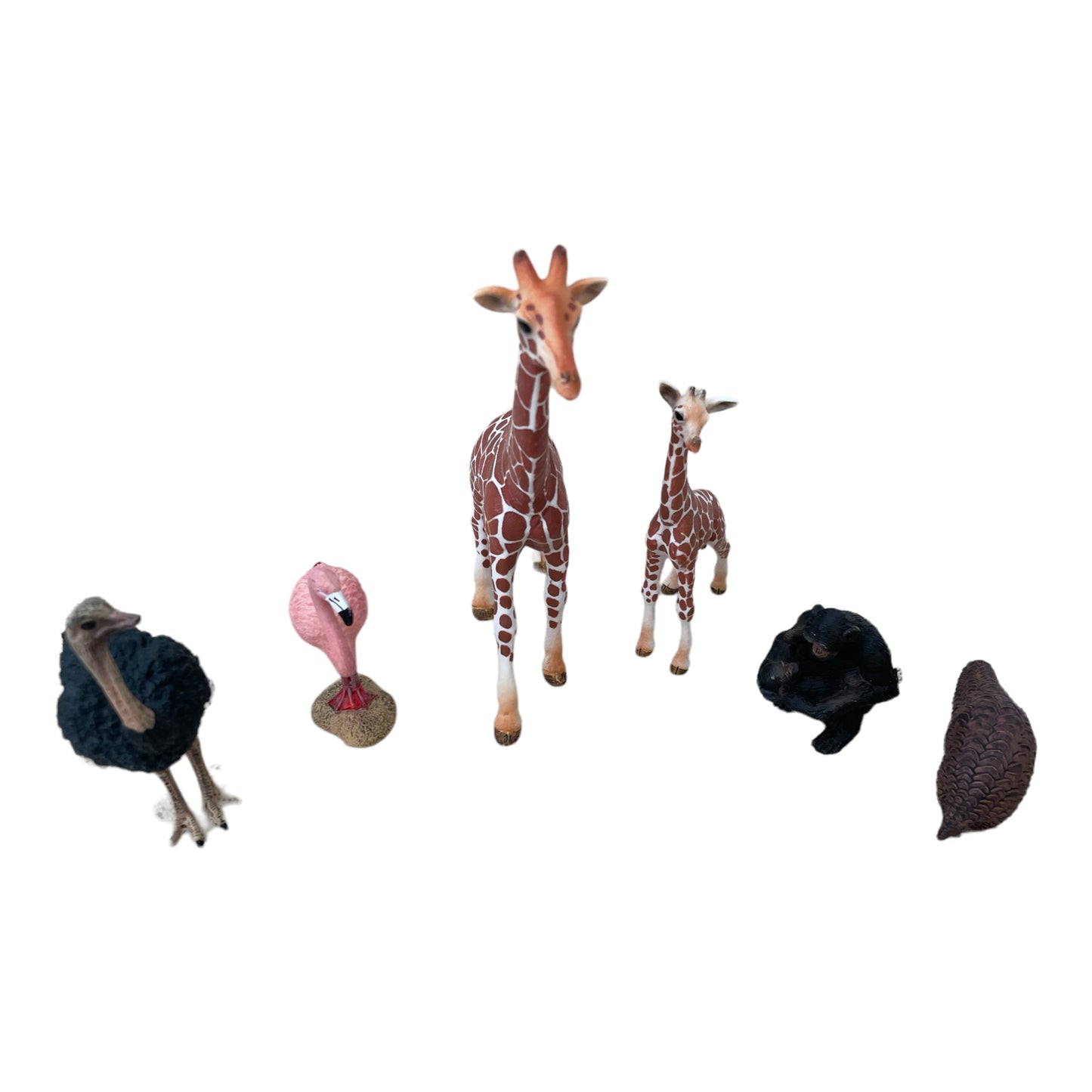 Set mit Wildtieren - Schleich - 6 Tiere (Giraffen, Schimpansen, Gürteltier, Strauß, rosa Flamingo)