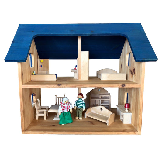 Spielba - Holzhaus mit blauem Dach und Zubehör