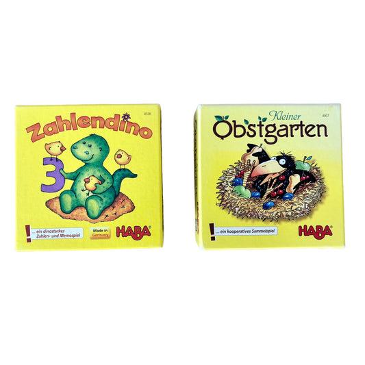 Set of 2 game boards travel edition: Zahlendino and Kleiner Obstgarten