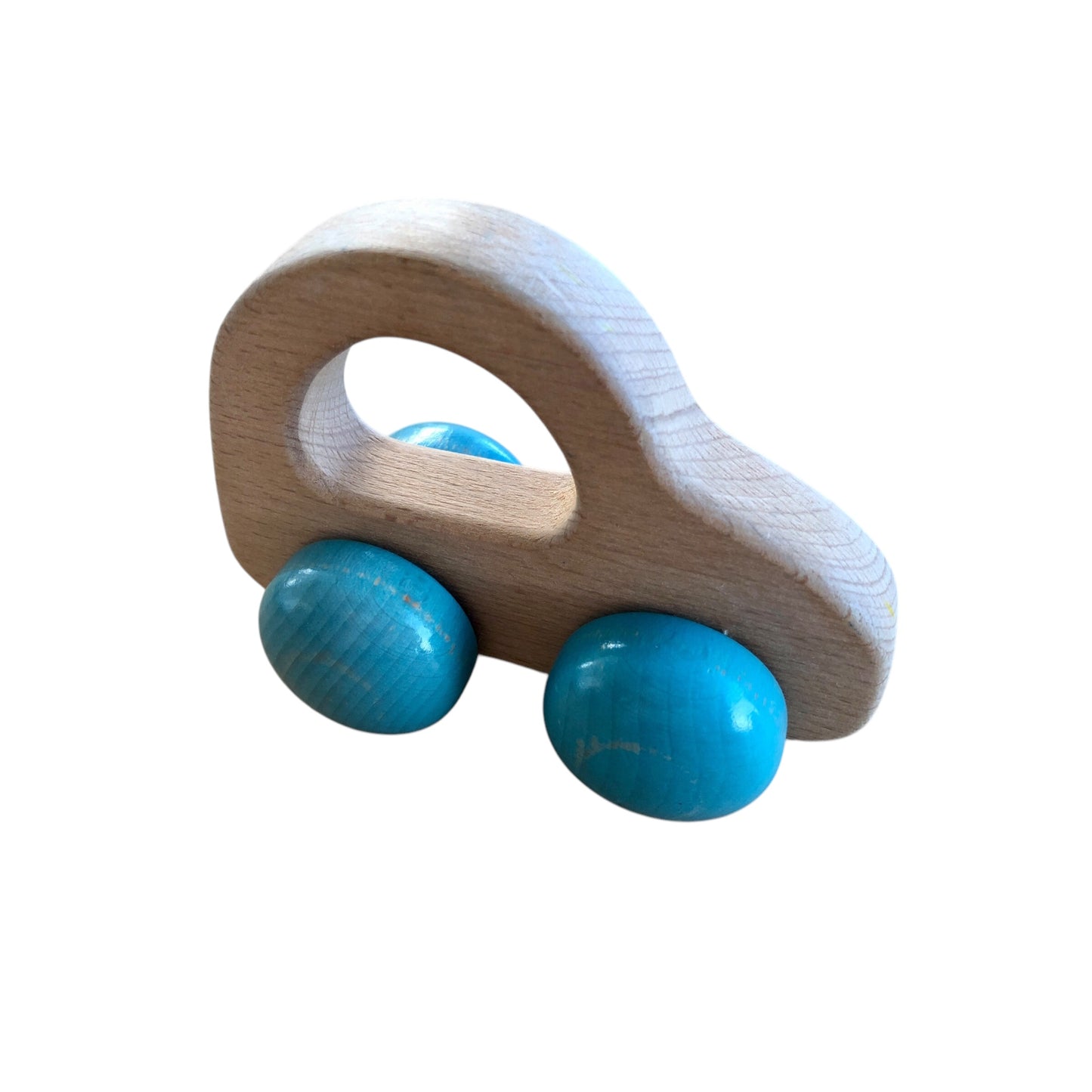 Wooden little car with blue wheels