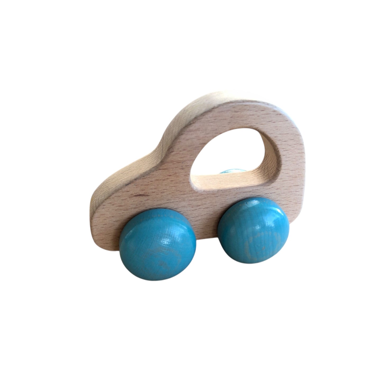 Wooden little car with blue wheels