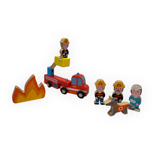 Janod Mini Story Box Spielzeug - 7 Stück Feuerwehrmann Spielset - J08589